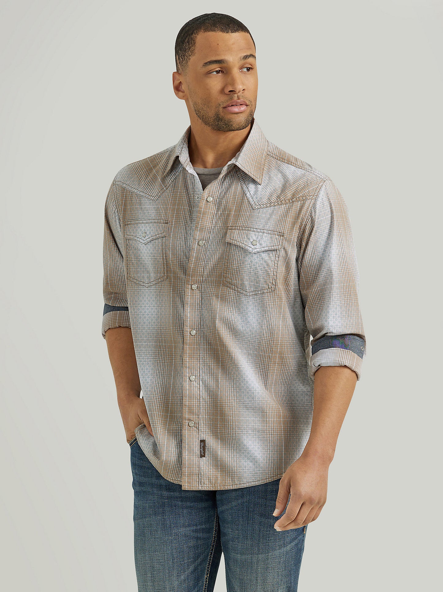 Mens Retro Long Sleeve Western Snap Plaid Shirt- Tan/ Blue