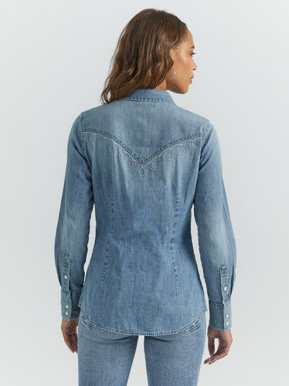 Womens Denim Snap Lasso Embroidered Button Up