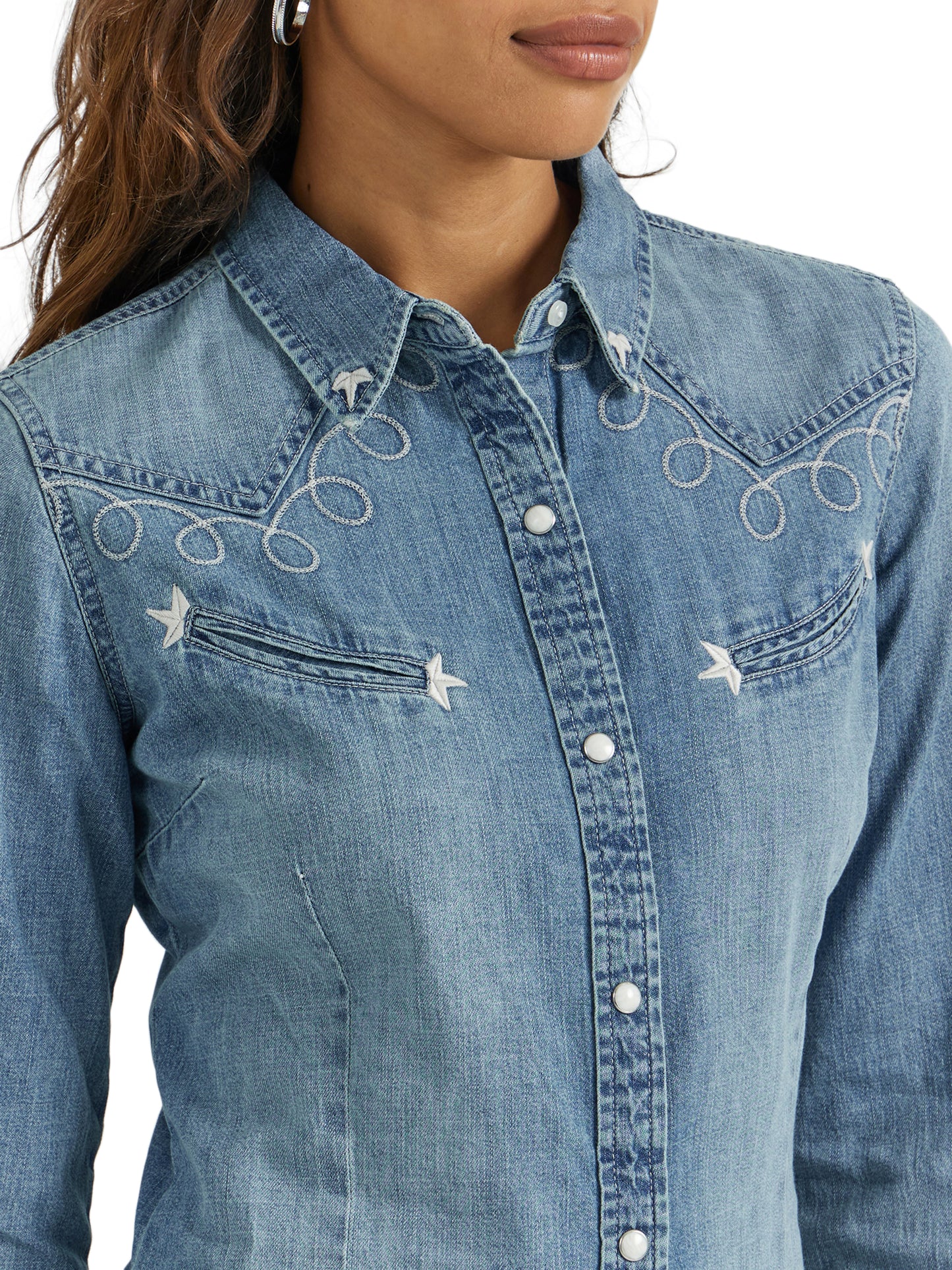 Womens Denim Snap Lasso Embroidered Button Up