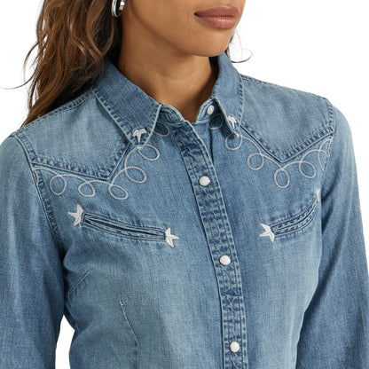 Womens Denim Snap Lasso Embroidered Button Up