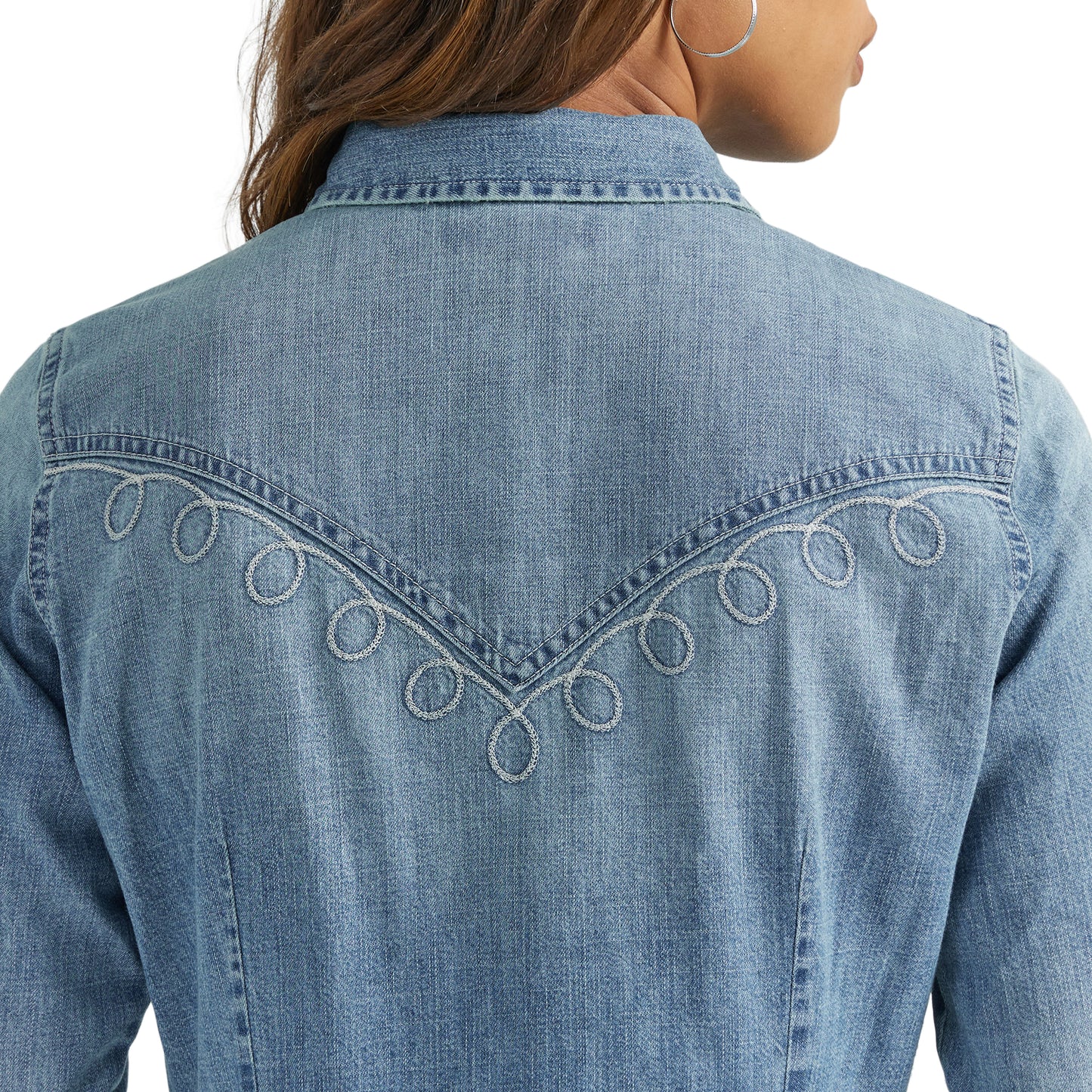 Womens Denim Snap Lasso Embroidered Button Up