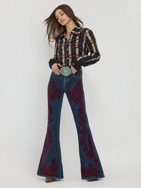 Flocked Bell Bottom- Maroon Dark Wash