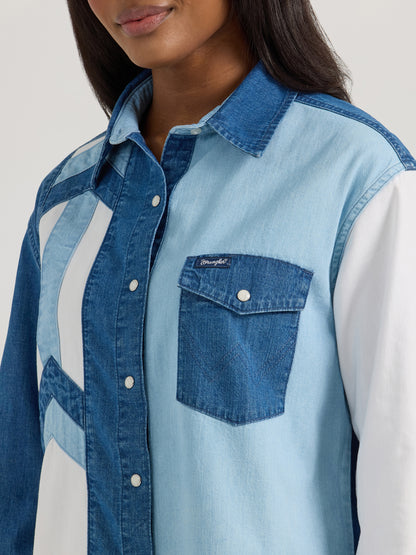 Women's Wrangler Pieced Boyfriend Denim Western Snap Shirt