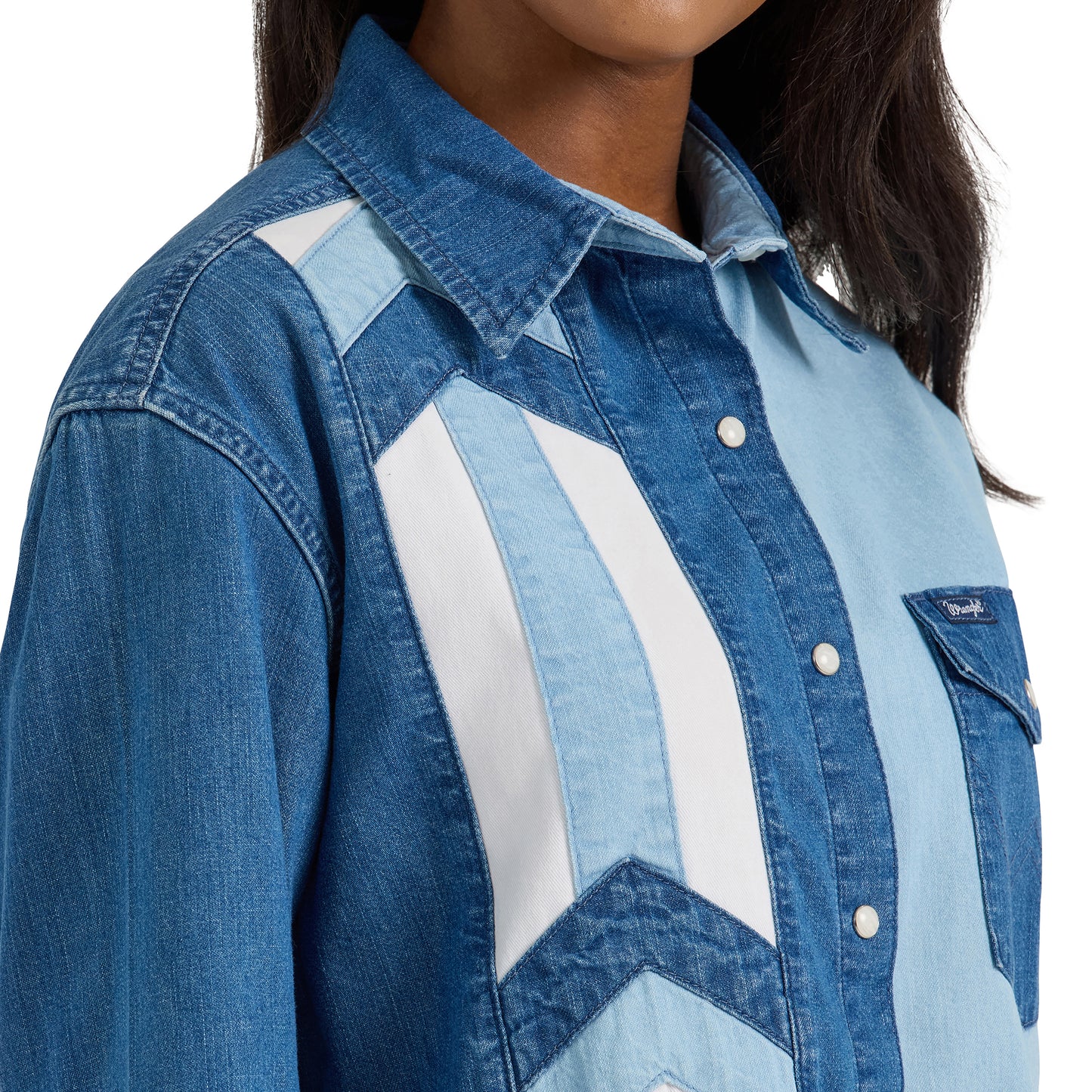 Women's Wrangler Pieced Boyfriend Denim Western Snap Shirt