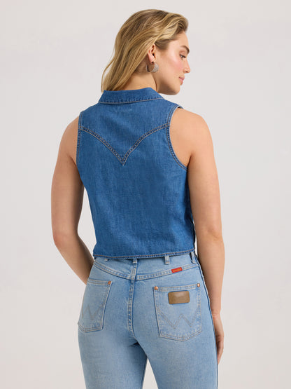 Denim Sleeveless Tie Front Shirt