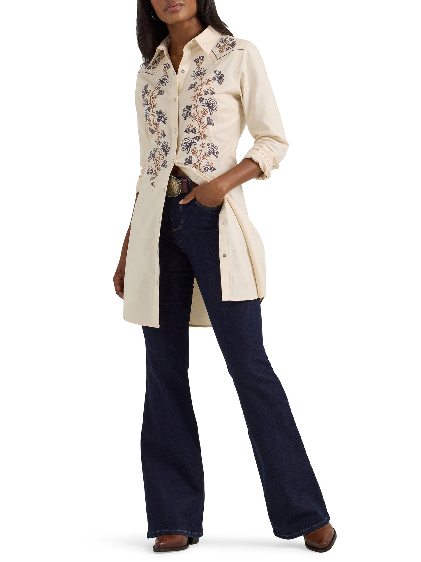 Embroidered Wildflower Western Snap Shirt Dress