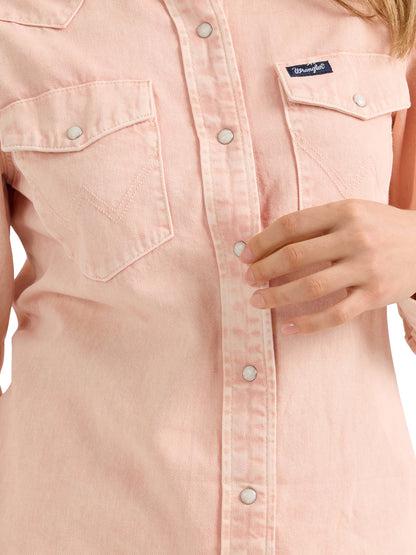 Women's Wrangler Color Wash Slim Western Snap Shirt-Pink