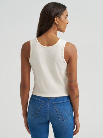 Wrangler Women's White Vintage 'Wrangler' Graphic Print Slim Ribbed Cropped Tank Top