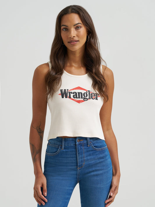 Wrangler Women's White Vintage 'Wrangler' Graphic Print Slim Ribbed Cropped Tank Top