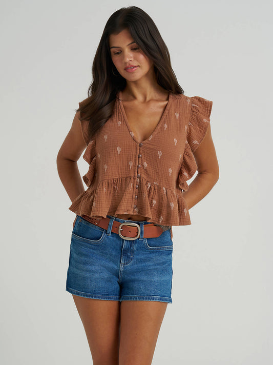 Women's Gauzy Flutter Sleeve Blouse - Cactus Brown