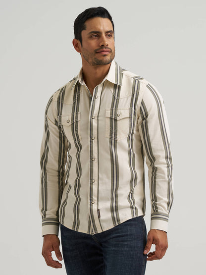 Mens Tan Retro Premium Striped Snap Shirt