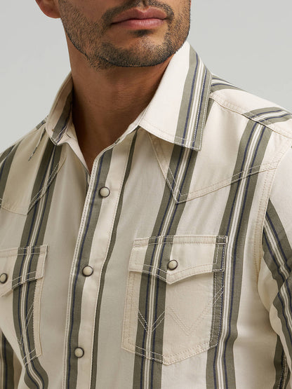 Mens Tan Retro Premium Striped Snap Shirt