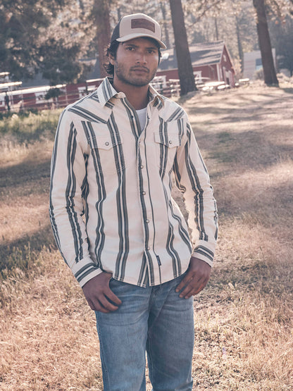 Mens Tan Retro Premium Striped Snap Shirt