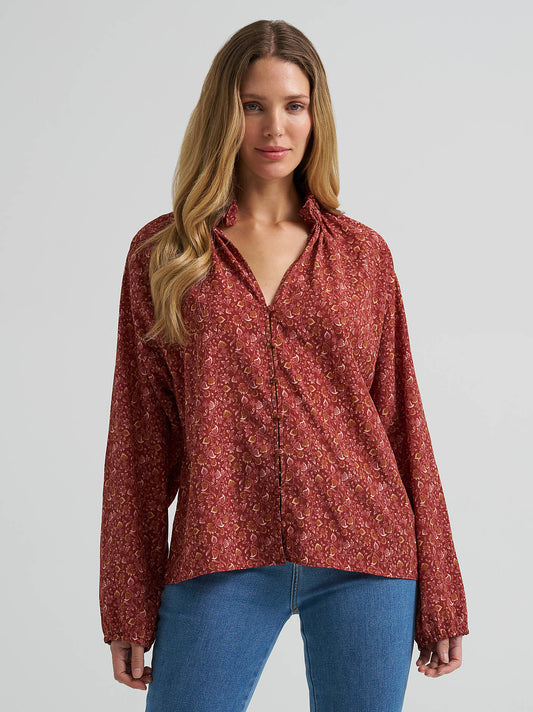 Retro Americana Ruffle Blouse - Burgandy