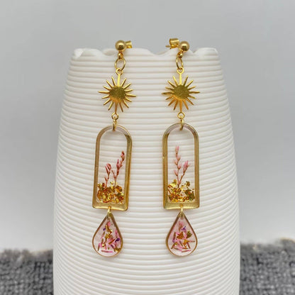 Dried Sage Flowers Geometric Charm Dangle Earrings