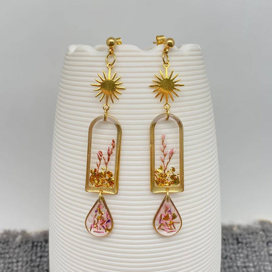 Dried Sage Flowers Geometric Charm Dangle Earrings