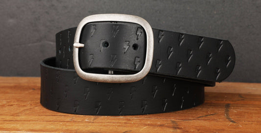 Black Leather Belt with Embossed Lightning Bolts and Antique Silver Buckle