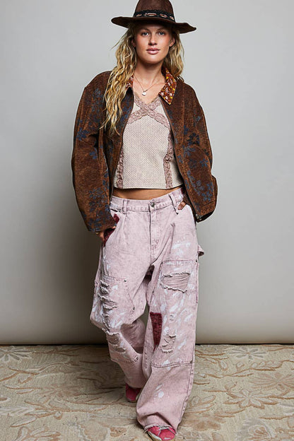 Floral Print Collared Long Sleeve Back Yoke Zip-Up Jacket - RUSTIC MOCHA