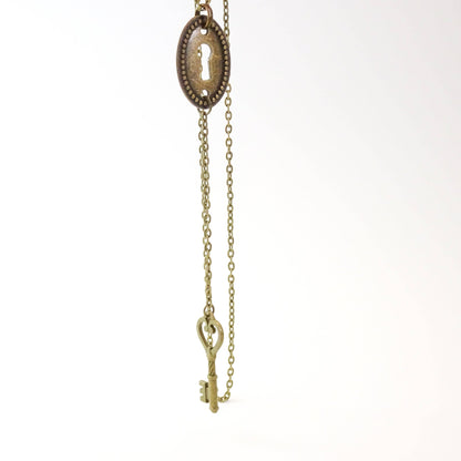 Key & Keyhole Necklace | Long Y Necklace |  Bronze