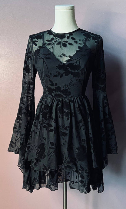 MELANTHA - Velvet GOTHIC FLORAL Flocked Mini Dress