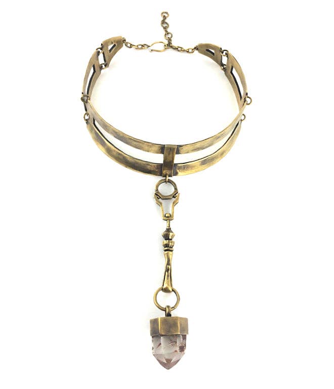 Quartz Crystal Cross Collar Necklace - Brass