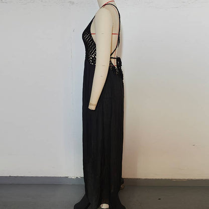 Crochet Backless Beach Dress - Black