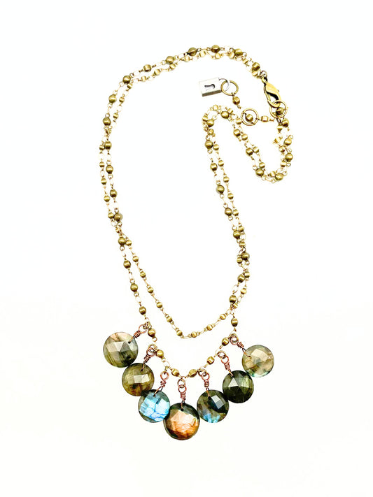 Double Chain Necklace with Circle Labradorite Drop