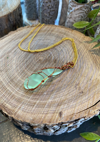 Bronze/Copper Wrapped Uranium Glass Necklace #IV117