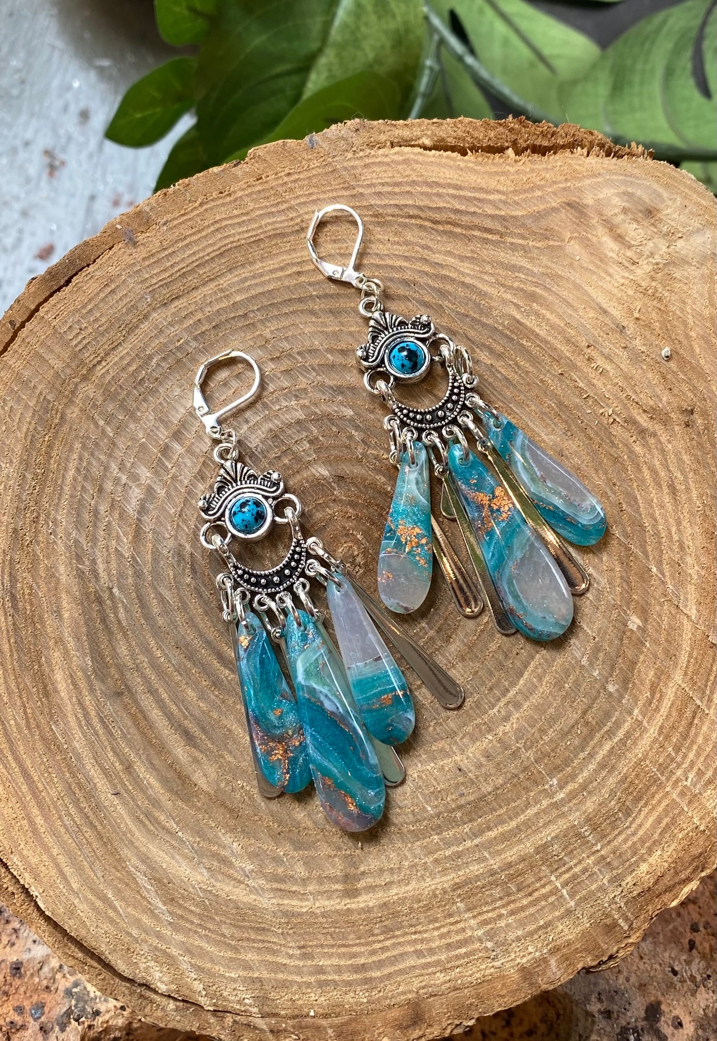 Teal Geode Flowing Dangles *E24