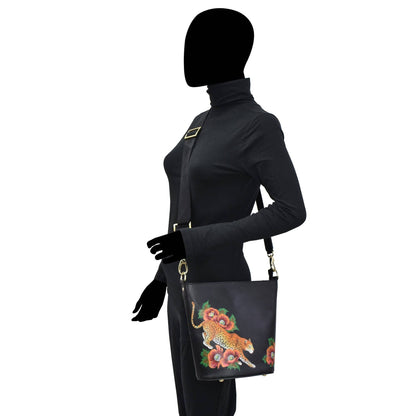 Tall Bucket Hobo Handbag - Handpainted Jaguar