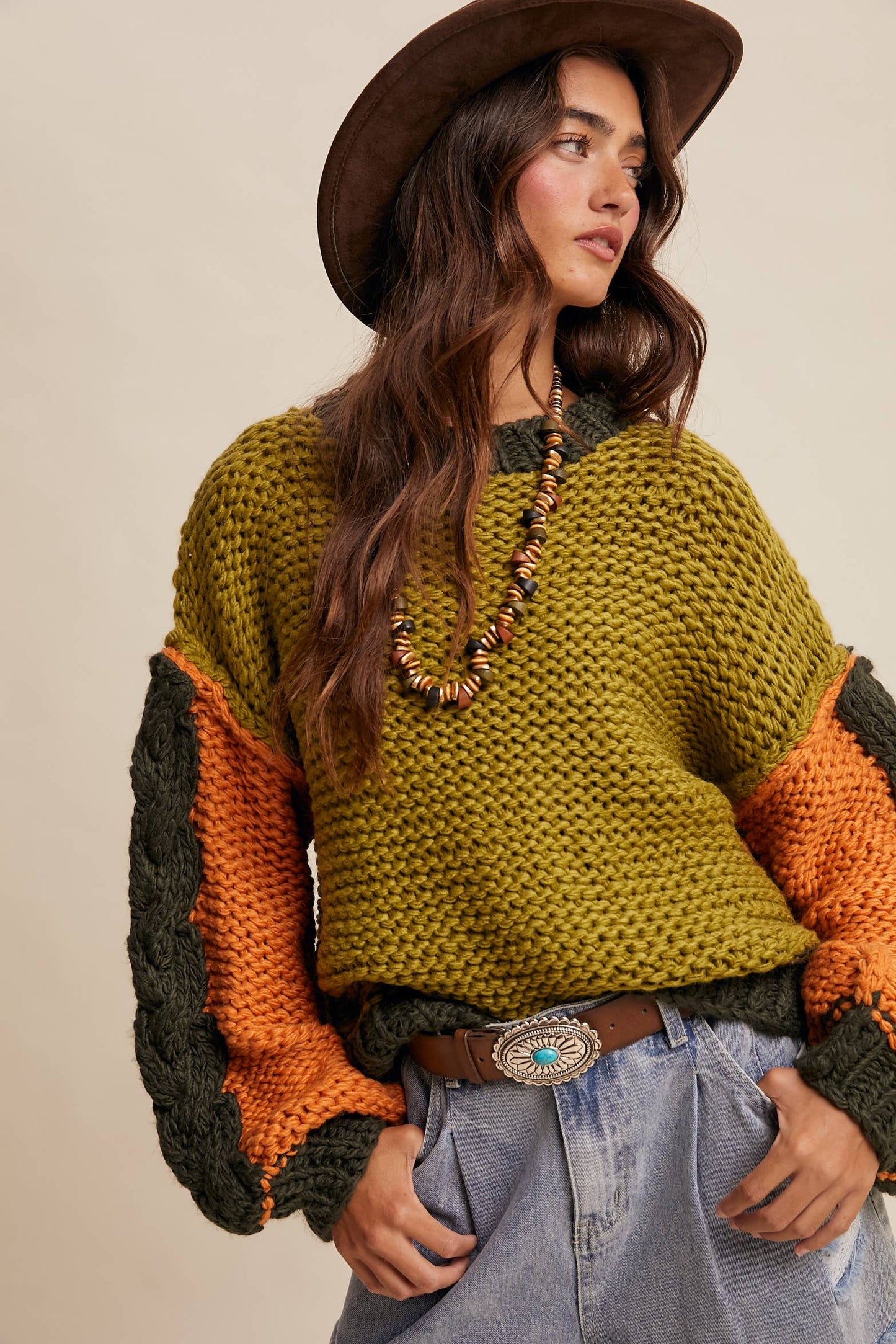 Hand-Knit Chunky Crochet Pullover - Olive Multi