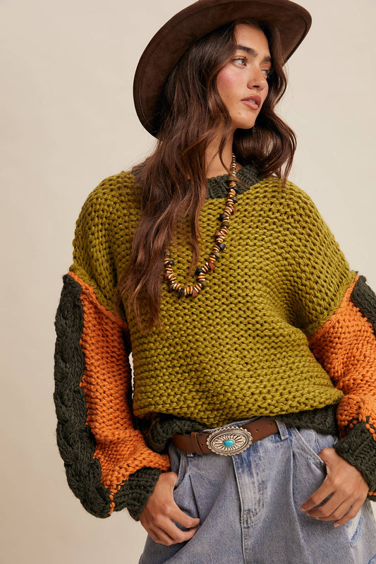 Hand-Knit Chunky Crochet Pullover - Olive Multi