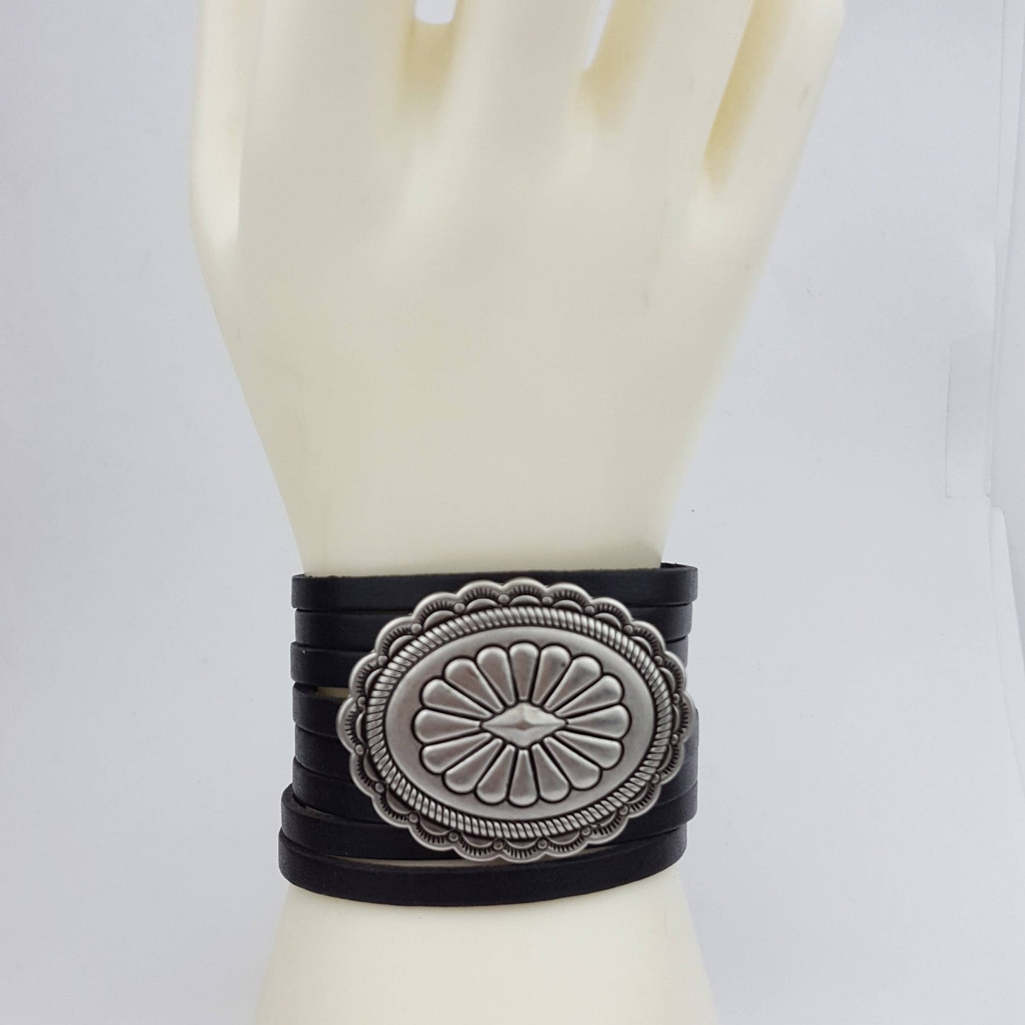Genuine Leather Arm Cuff with Silver Concho - Black