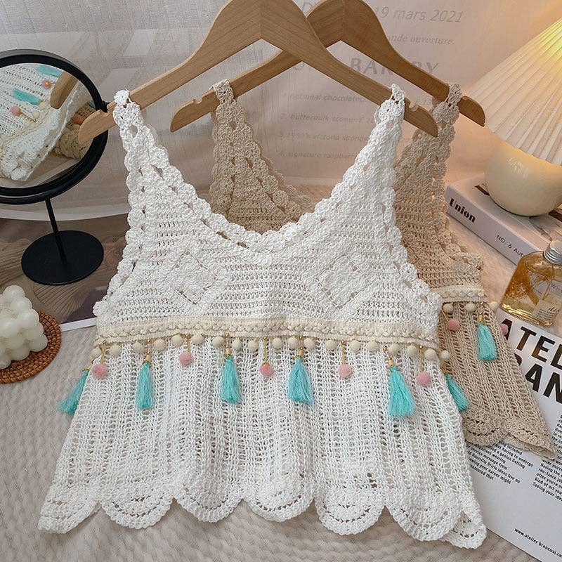 Vintage Fringe Hollow-Out Sleeveless Knit Vest - White