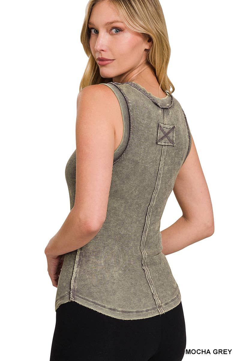 Washed Ribbed Sleeveless Tank Top With Exposed Seam -  ASH GREY