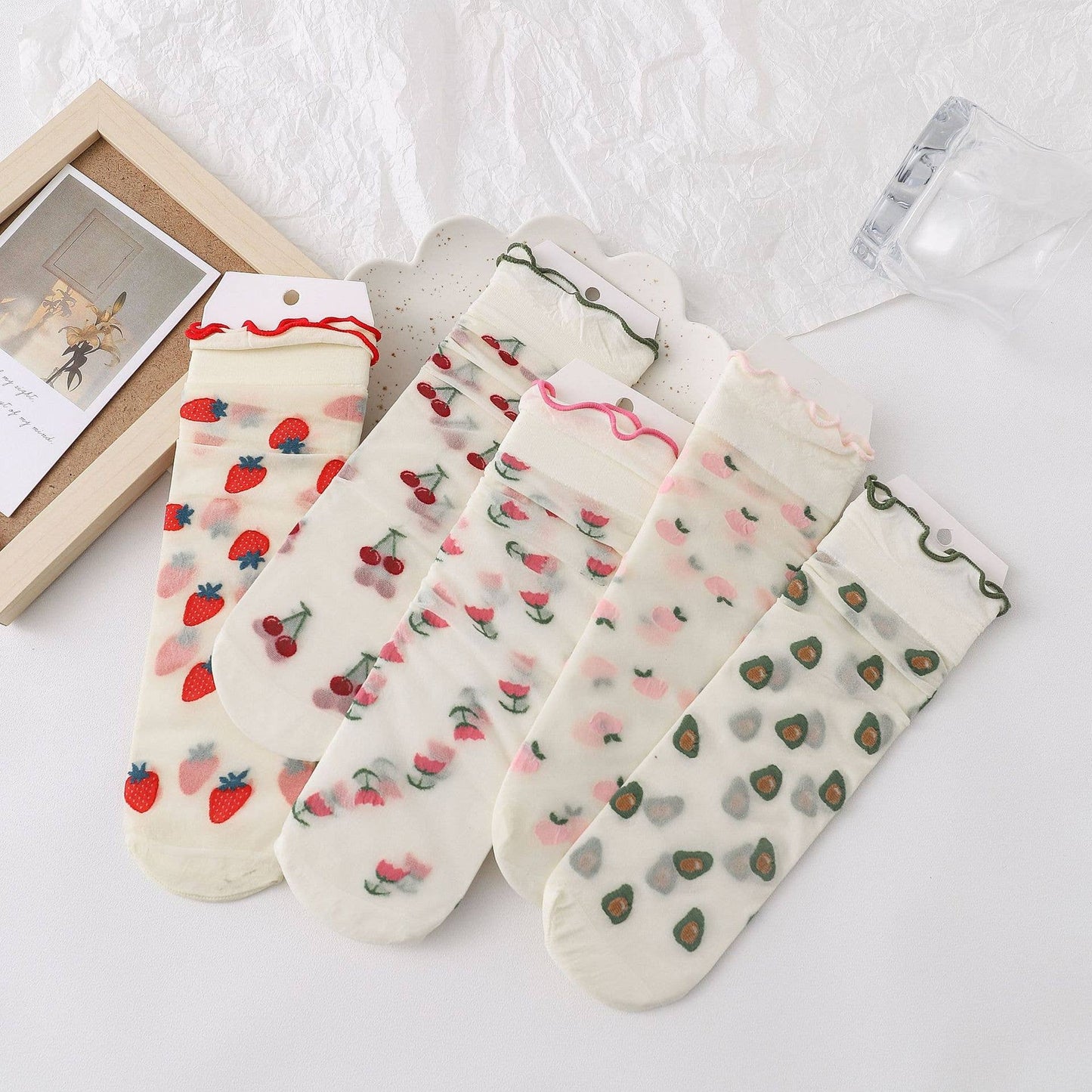 Cute Floral & Fruit Sheer Socks - Strawberry