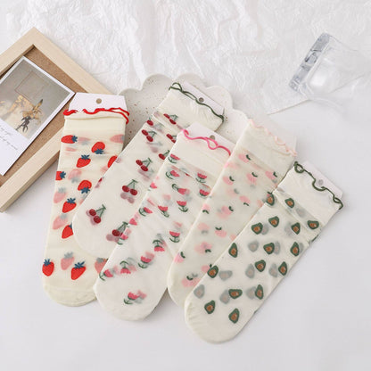 Cute Floral & Fruit Sheer Socks - Strawberry