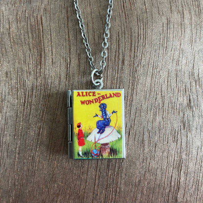 Book Locket Alice In Wonderland - Yellow with Caterpillar - Stainless Steel