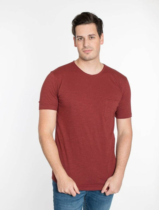 MEN'S SLUB CREW NECK T-SHIRTS WITH POCKET - BURGUNDY