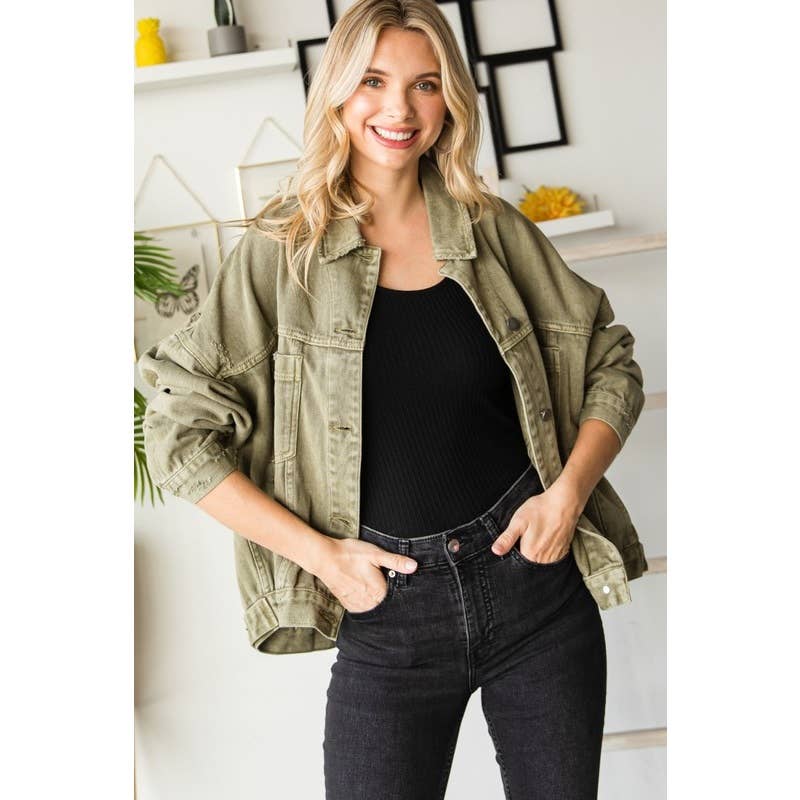 Curve Pleated Back Denim Jacket - Olive