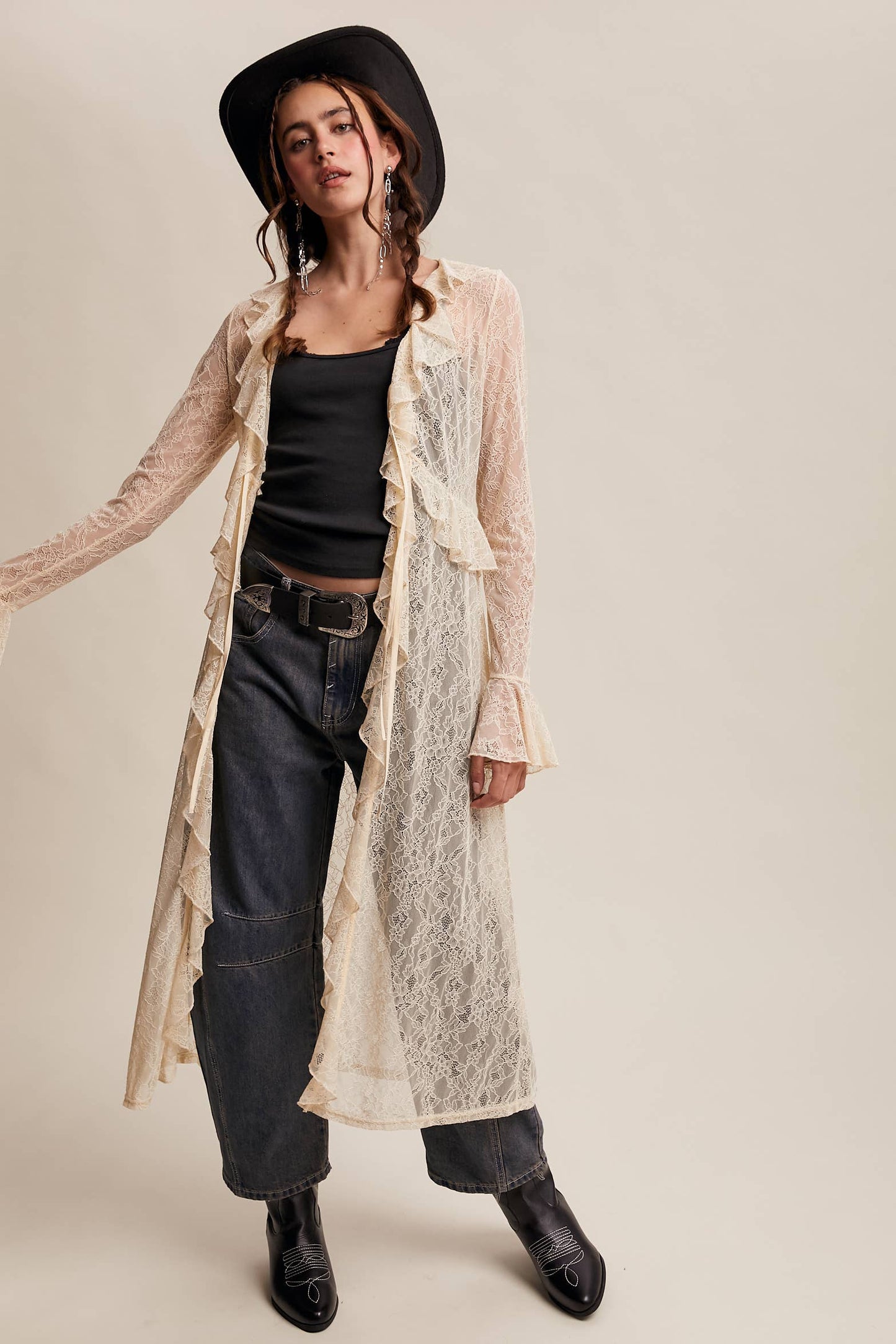 Sheer Lace Ruffle Duster - Ecru