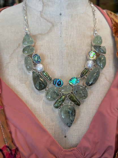 Prehnite, Abalone &Green Pearl Cluster Necklace