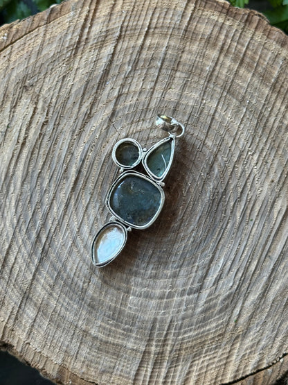 Triple Labradorite & Pearl Cluster Pendant