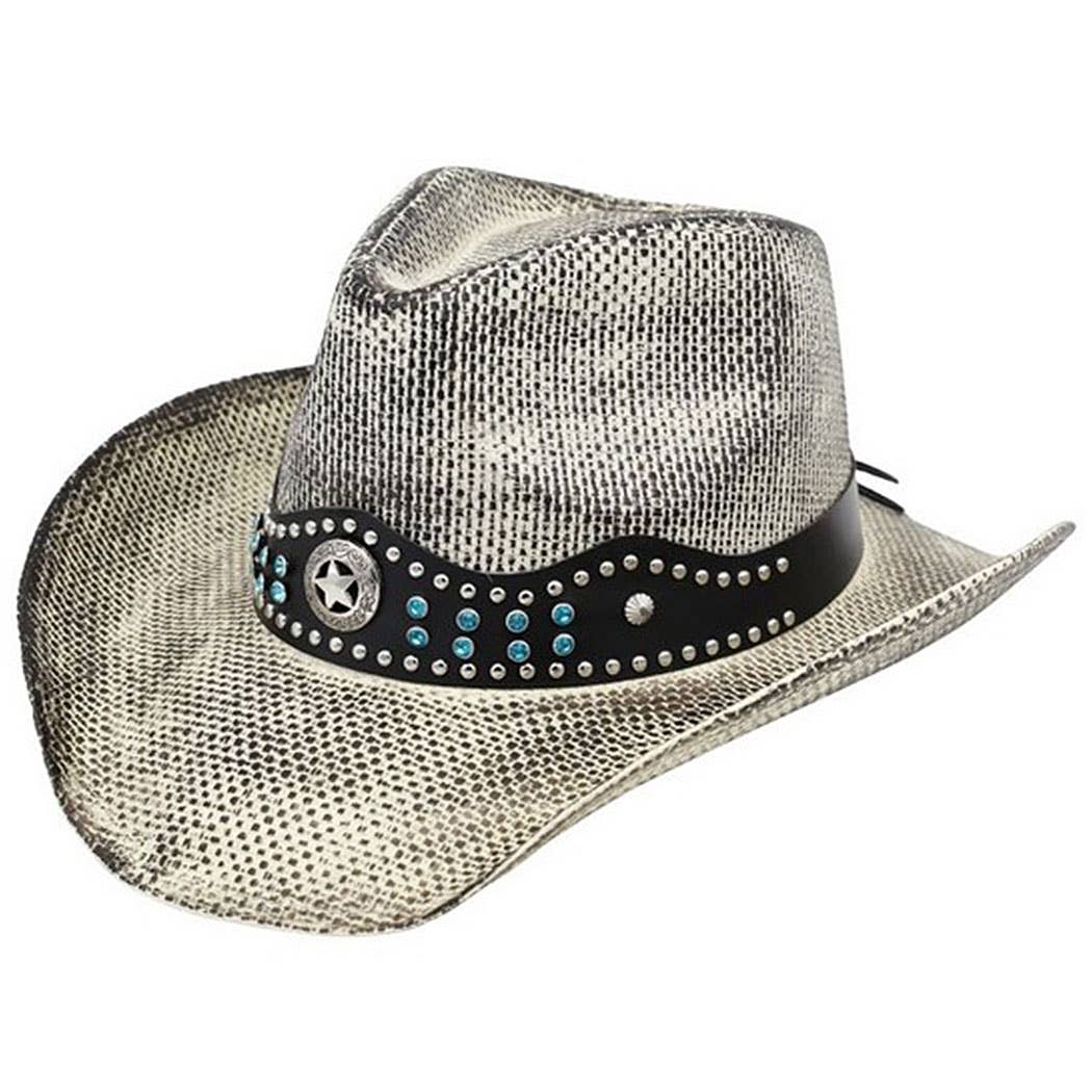 Rustic Straw Cowboy Hat With Silver And Turquoise Studs Faux
