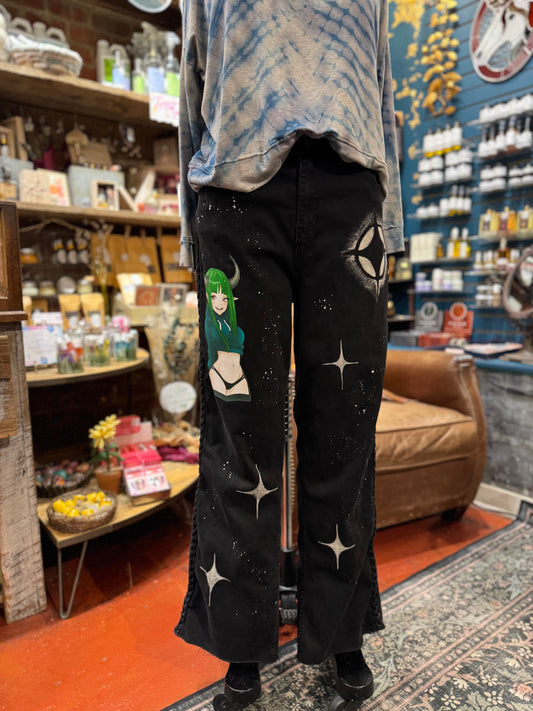 Anime with Stars Braided Black Jeans -Laura Bruce*