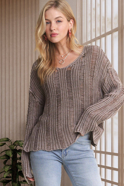 DISTRESSED MINERAL WASHED SWEATER - Mocha