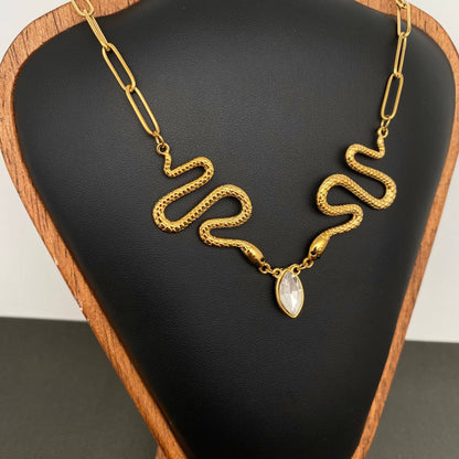 Zircon Double Snake 18K Gold Plated S.Steel Necklace - FGS