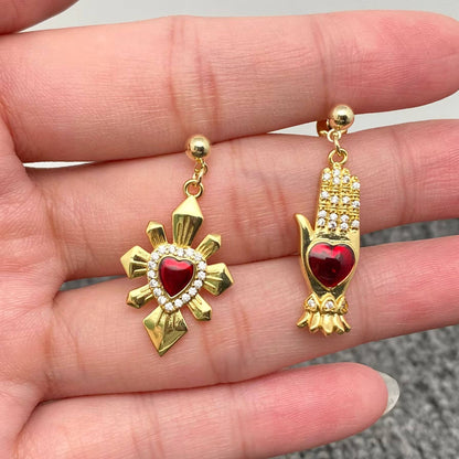 Red Heart Asymmetric Palm Sunlight 14K Gold Plated Earrings