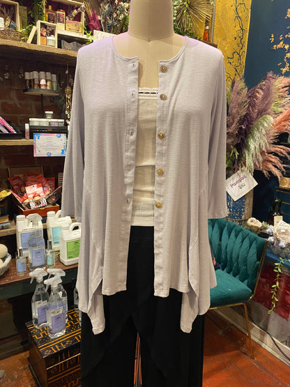 3/4 Sleeve Button Down Slit Shirt - Silver