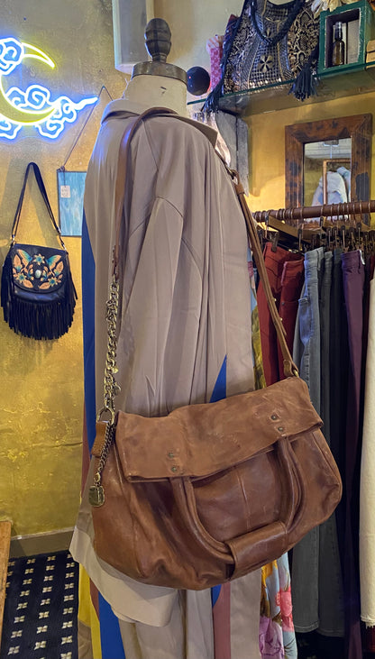 Folded Top Leather Crossbody Bag - Camel